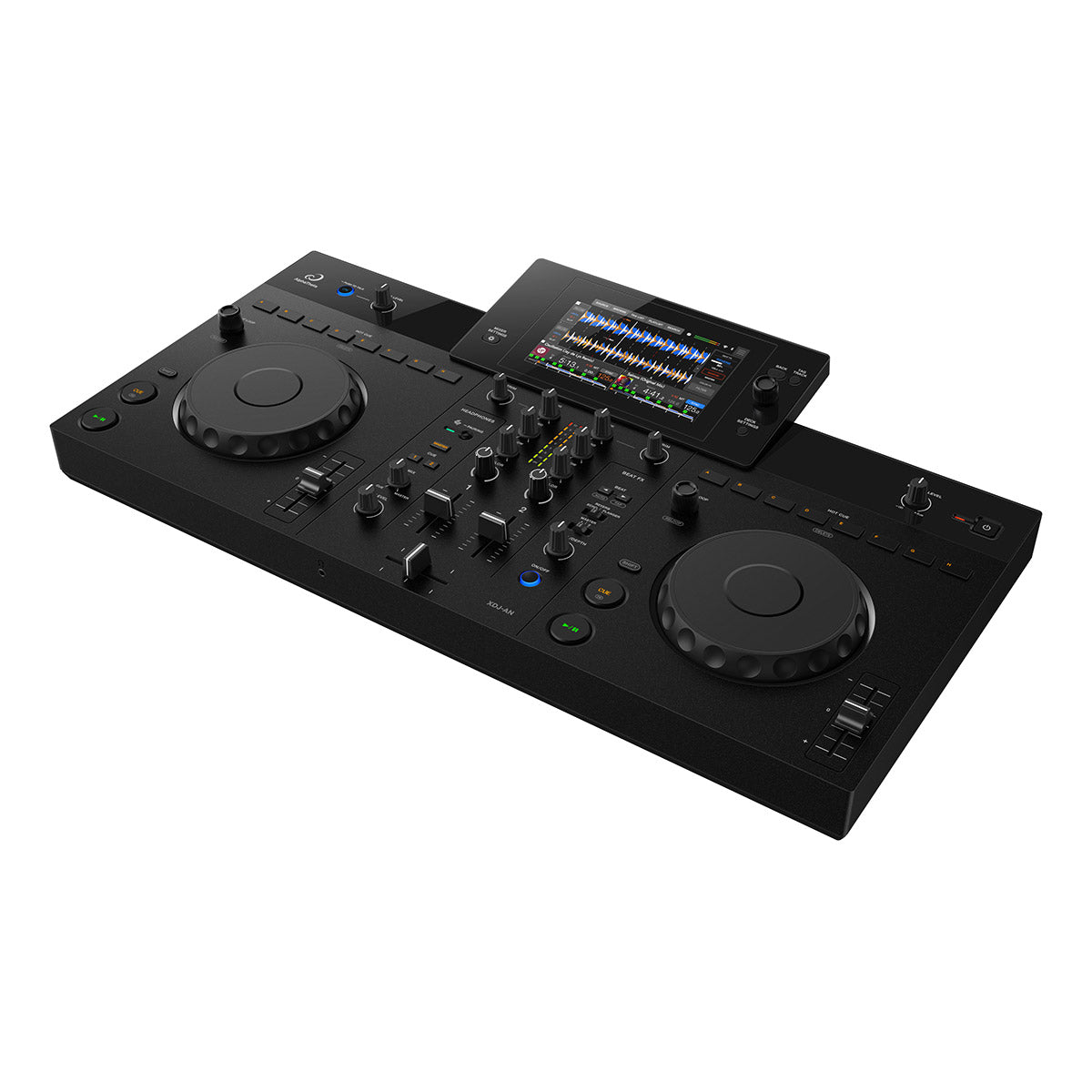 A black DJ controller mixer with two jog wheels, knobs, sliders, and an illuminated screen, shown on a plain white background.