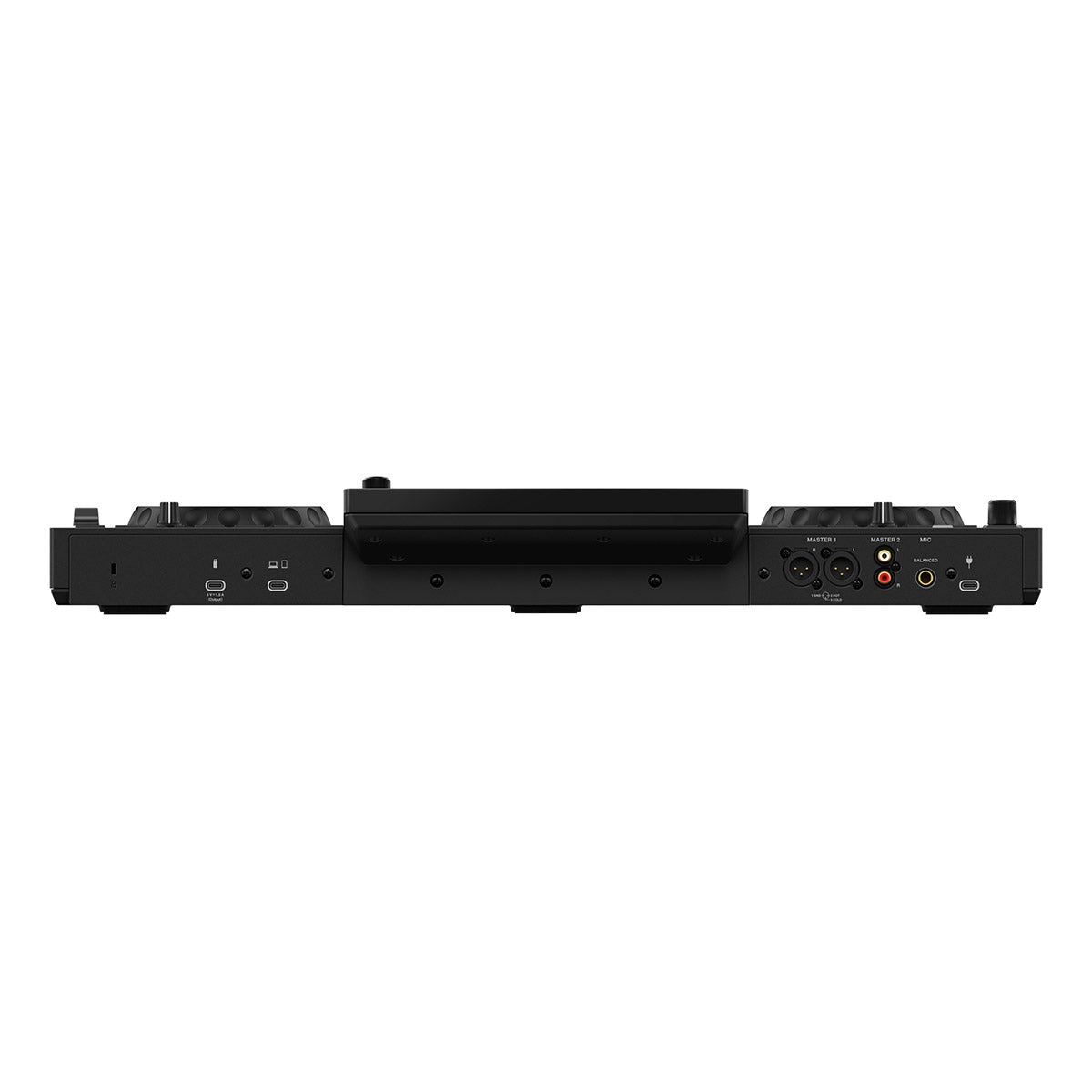 The rear view of a black digital audio workstation controller or mixer unit, showing various input and output jacks, knobs, and sliders, set against a plain white background.
