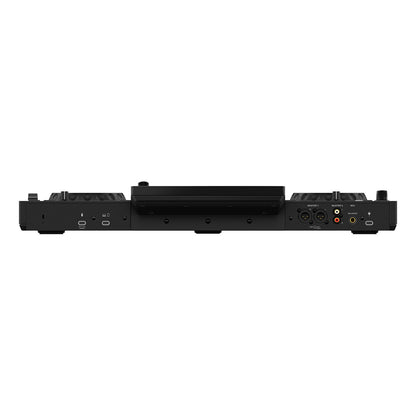 The rear view of a black digital audio workstation controller or mixer unit, showing various input and output jacks, knobs, and sliders, set against a plain white background.