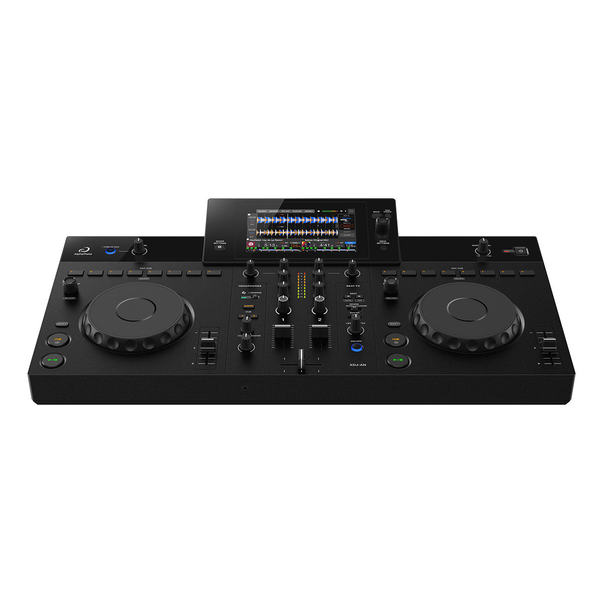 A black DJ controller mixer with two jog wheels, faders, knobs, and an LCD screen, shown from a top-down angle on a white background.