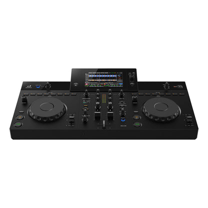 A black DJ controller mixer with two jog wheels, faders, knobs, and an LCD screen, shown from a top-down angle on a white background.