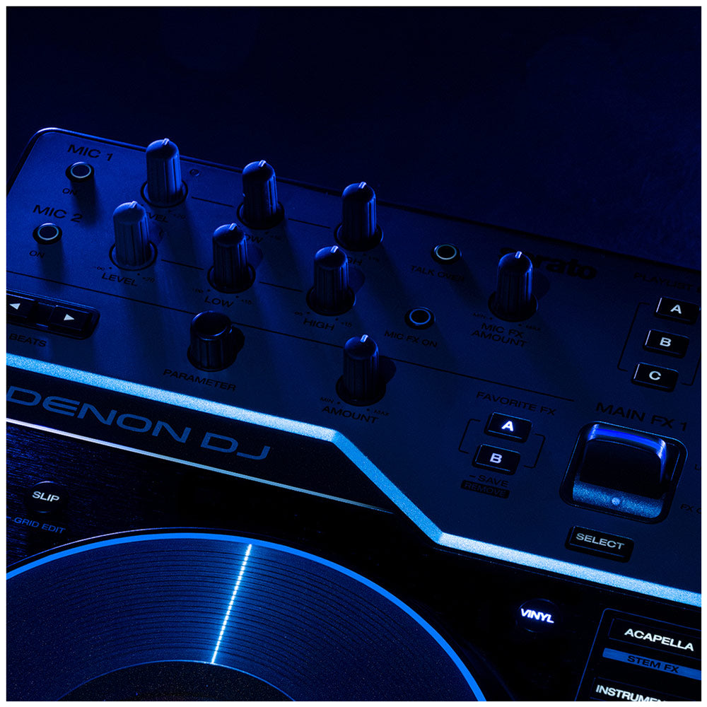 Close-up of a Denon DJ mixing controller under dramatic blue lighting, showing knobs, buttons, and a jog wheel on a dark background.