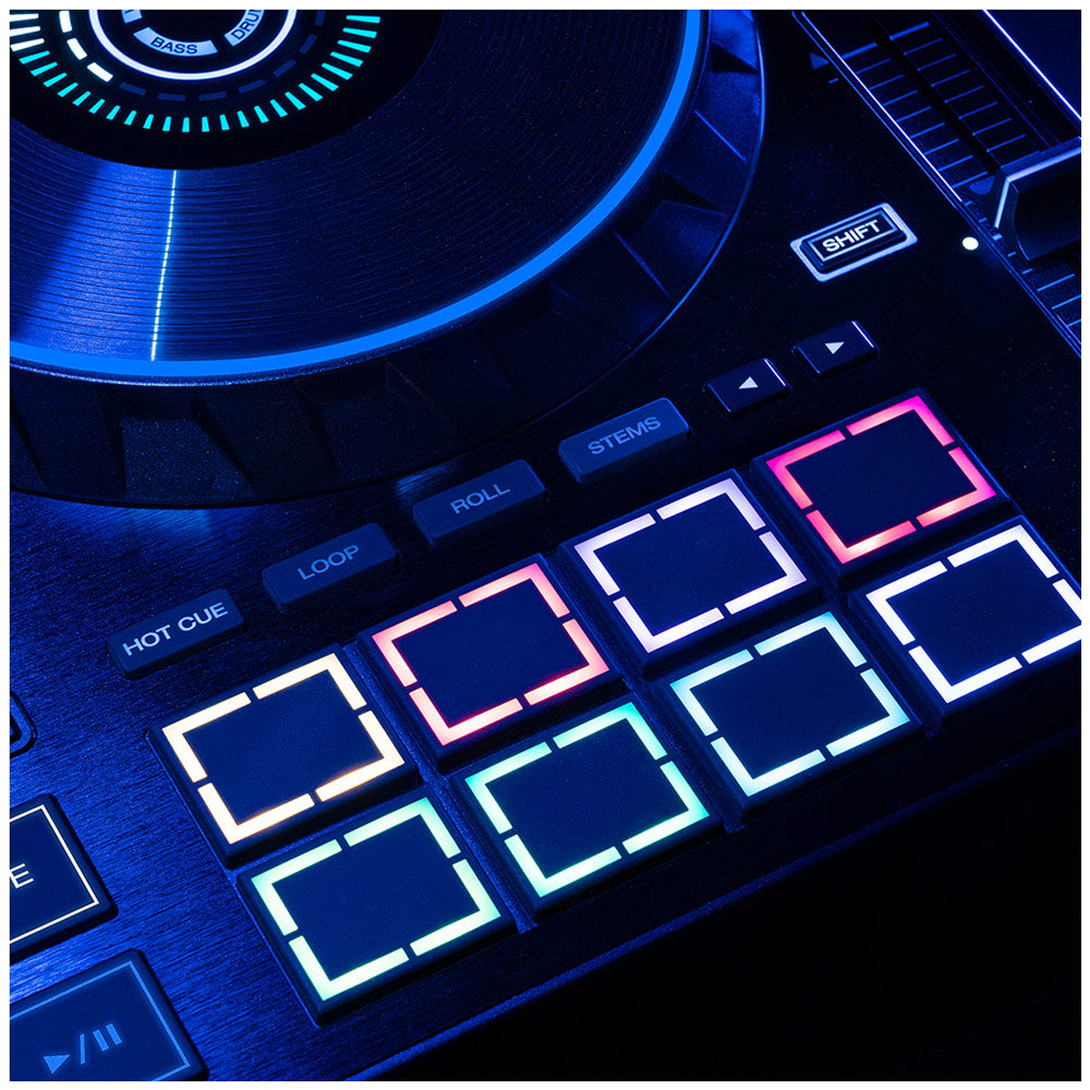 Close-up of a DJ controller pad array with illuminated square buttons in blue, pink, white, and cyan, alongside a vinyl record and control labels under dramatic blue lighting.
