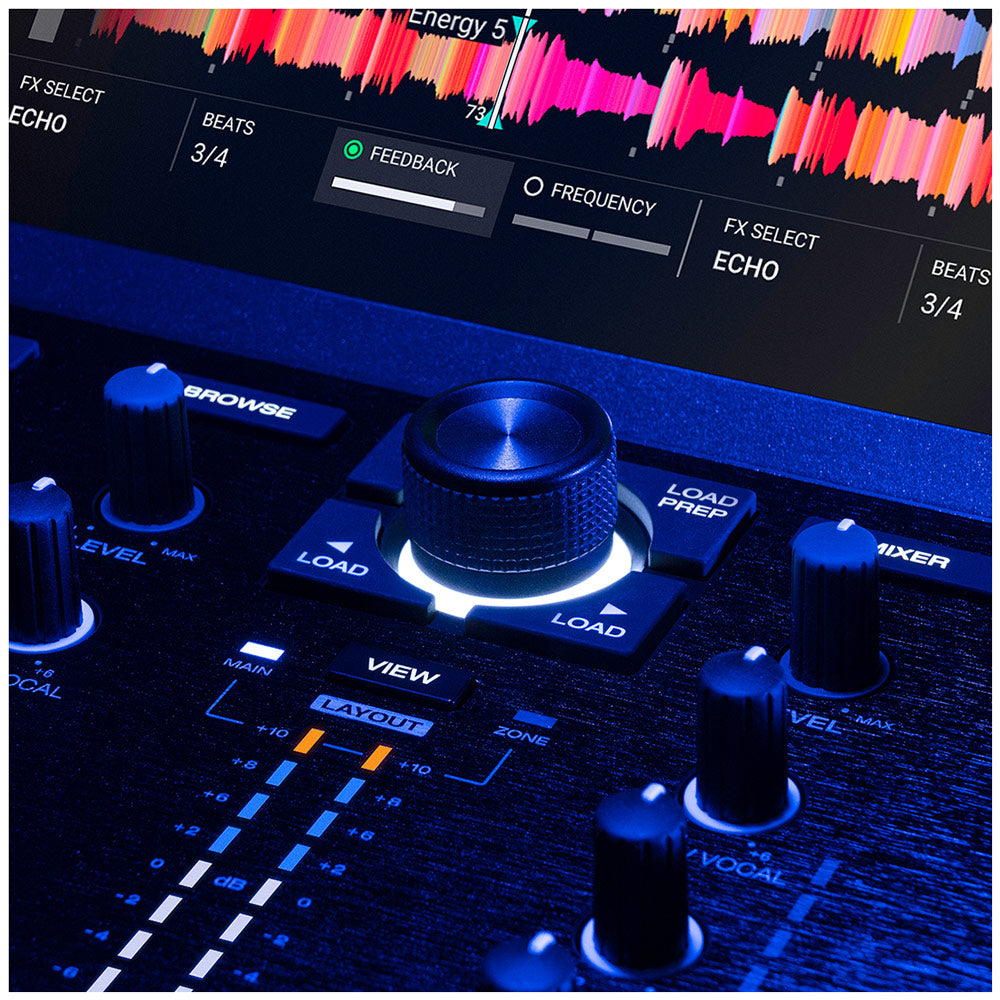 Close-up of a dark audio software or hardware control interface with a large central blue-lit knob, surrounding faders and buttons, and a colorful waveform display at the top.