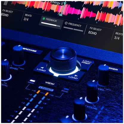 Close-up of a dark audio software or hardware control interface with a large central blue-lit knob, surrounding faders and buttons, and a colorful waveform display at the top.