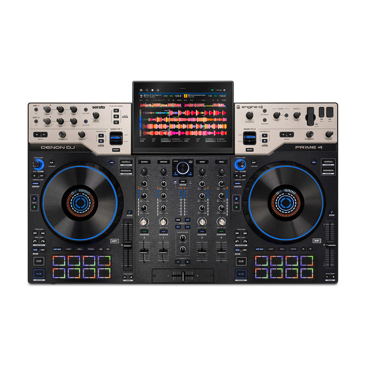A Denon DJ Prime 4 G2 professional DJ DJ System with two large vinyl record decks, a central mixer section, and a screen displaying a colourful waveform, shown against a solid white background.