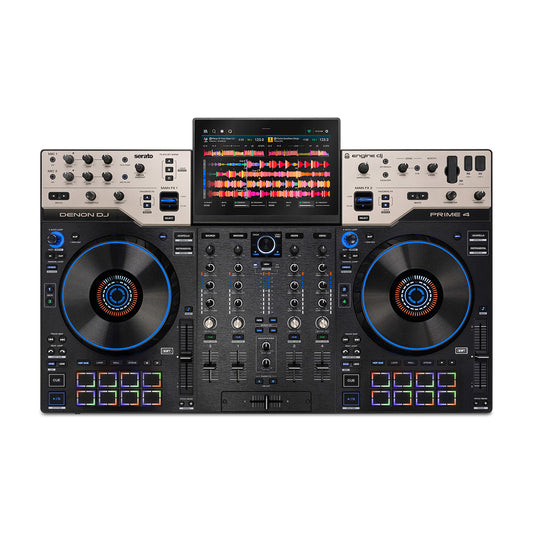 A Denon DJ Prime 4 G2 professional DJ DJ System with two large vinyl record decks, a central mixer section, and a screen displaying a colourful waveform, shown against a solid white background.