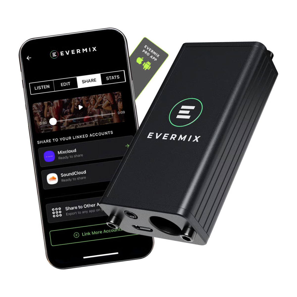 Black audio device with Evermix branding next to a smartphone displaying the Evermix app.