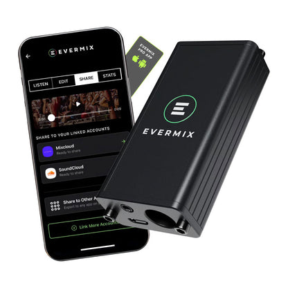 Black audio device with Evermix branding next to a smartphone displaying the Evermix app.