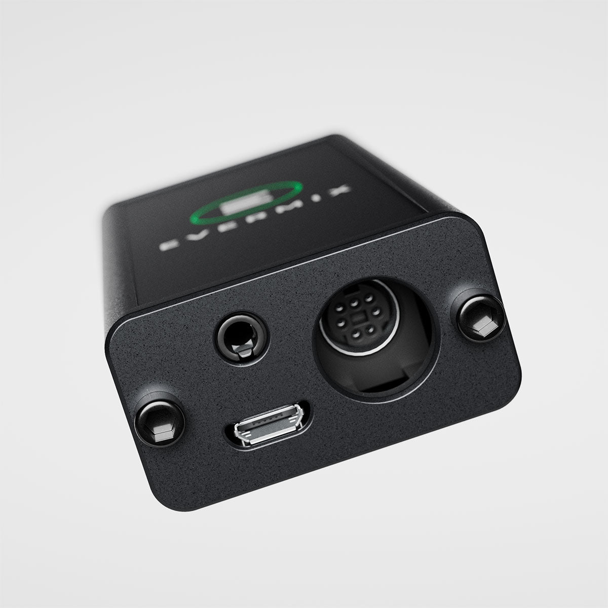 Black electronic device with ports on a light gray background