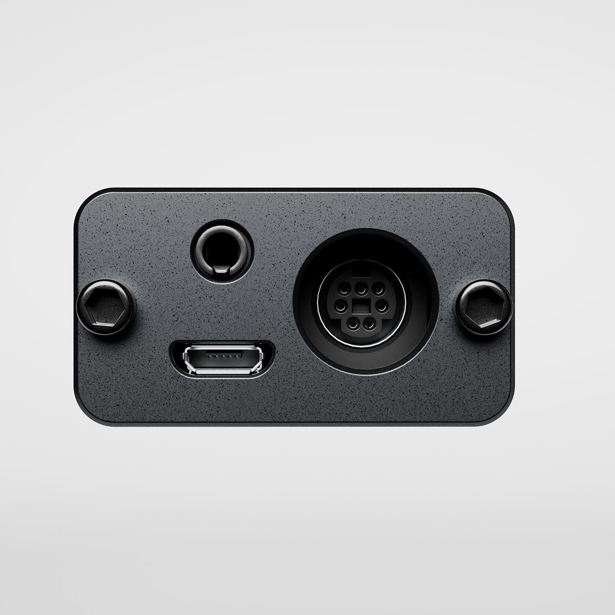 Black electronic component with various ports on a light gray background