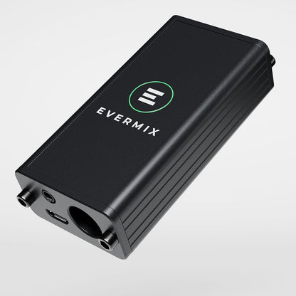 Black audio mixer with Evermix logo on a light gray background