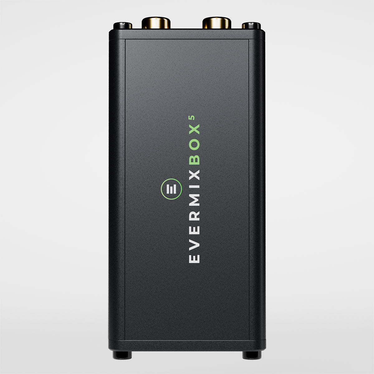 Black audio mixer with 'EVERMIXBOX' branding on a light gray background
