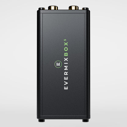 Black audio mixer with 'EVERMIXBOX' branding on a light gray background