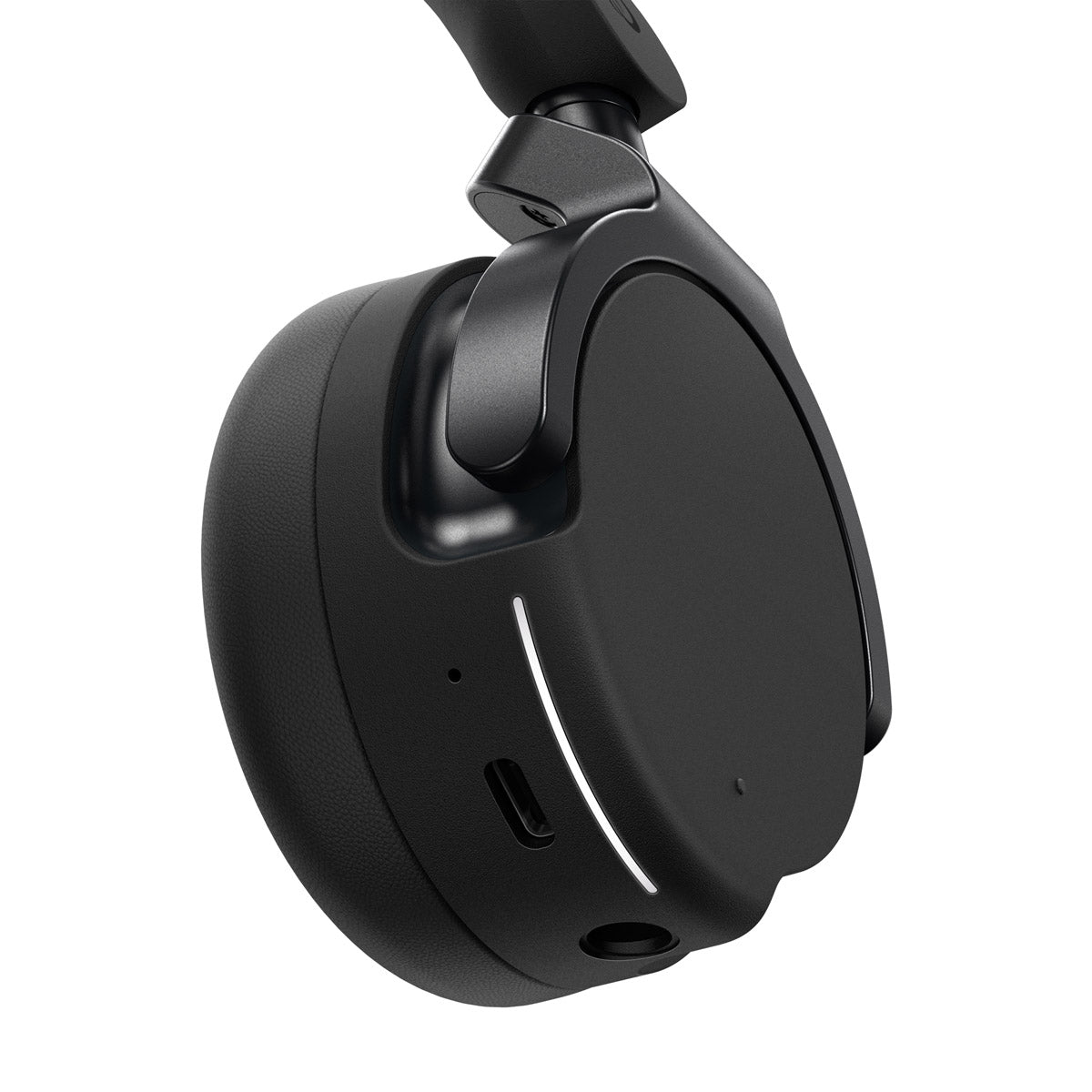 A close-up side view of a black over-ear wireless headphone on a solid white background.