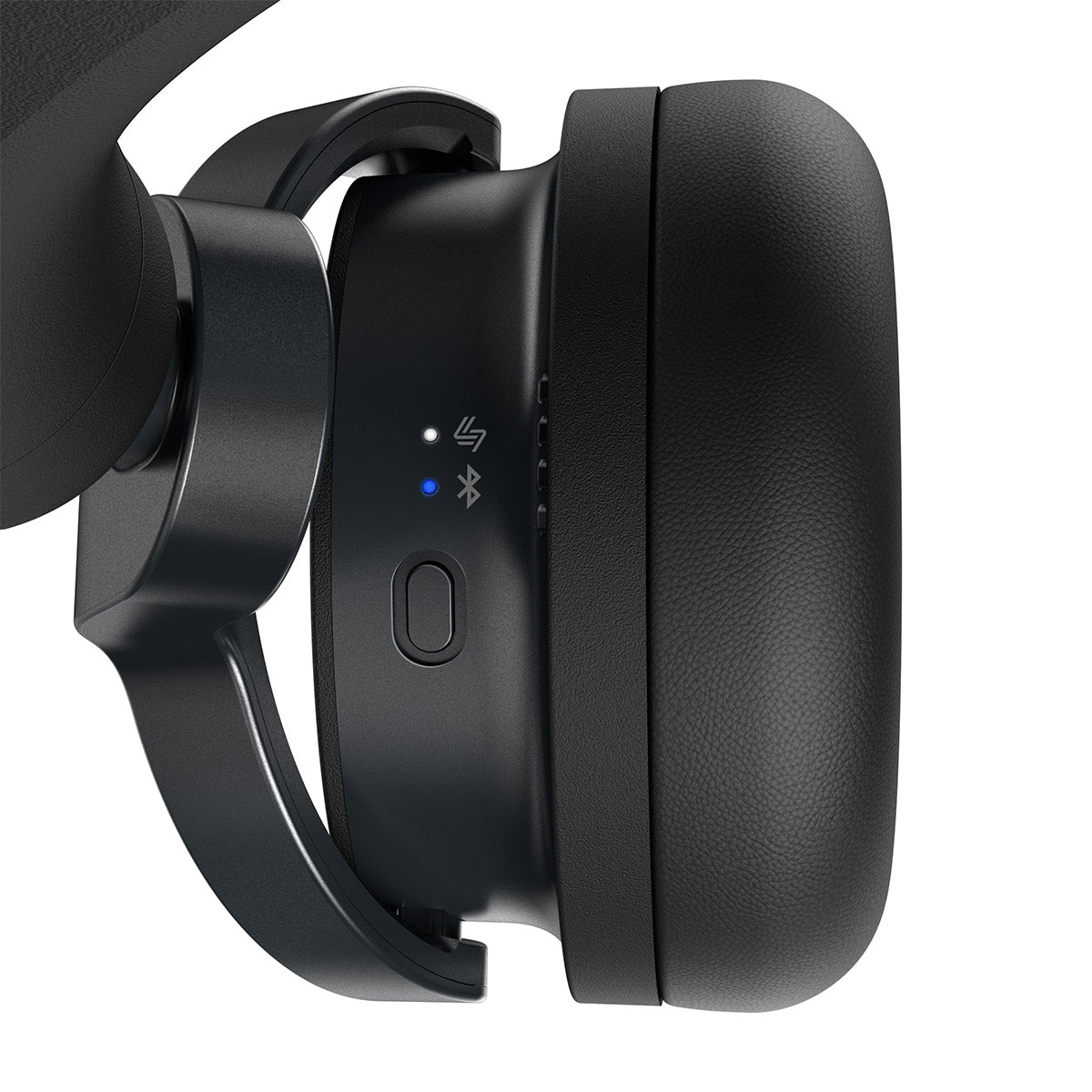 Close-up side view of the AlphaTheta HDJ-F9 over-ear wireless headphones showing the ear cup, headband joint, and side controls on a white background.