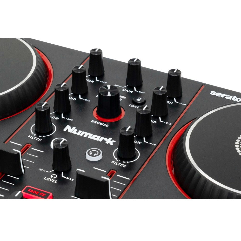Close-up of a Serato Numark DJ controller showing black knobs, red accents, and white branding on a black surface against a white background.