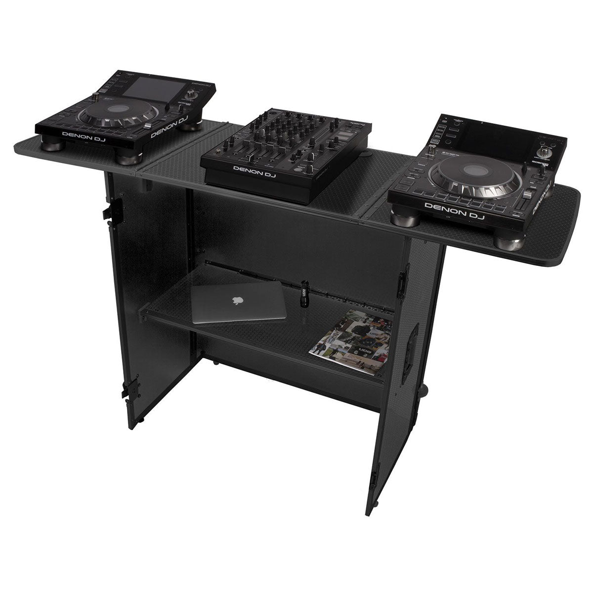 UDG Ultimate Fold Out DJ Table Black MK2 Plus (Wheels) with equipment example